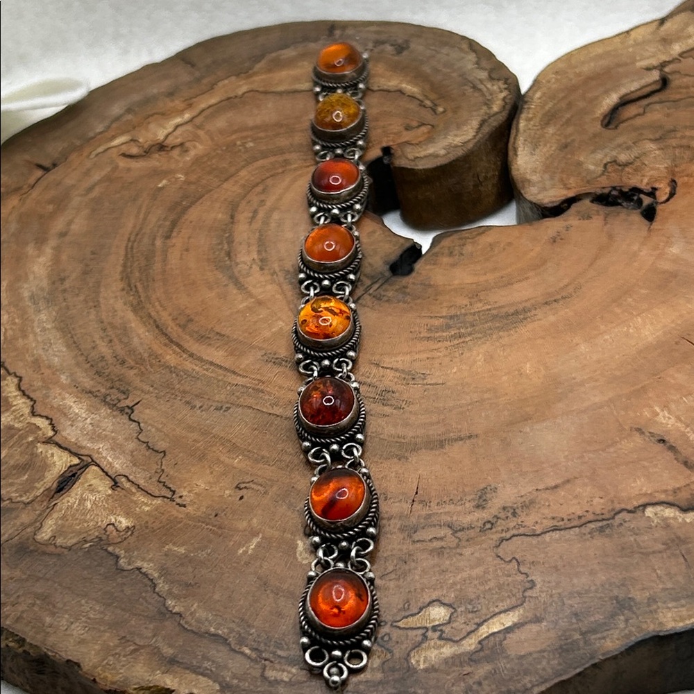Vintage 925 Sterling Silver Baltic Amber Cabochon Link Bracelet 7 Inch